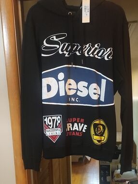 Diesel Black Hoodie with Blue and White Logo and Red Accents